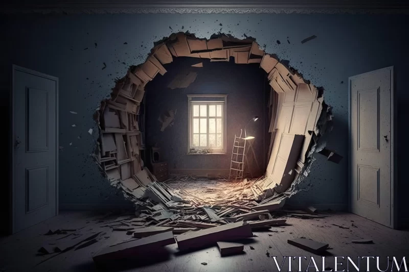 Architectural Chaos: Broken Room With Gravity-Defying Landscapes AI Image
