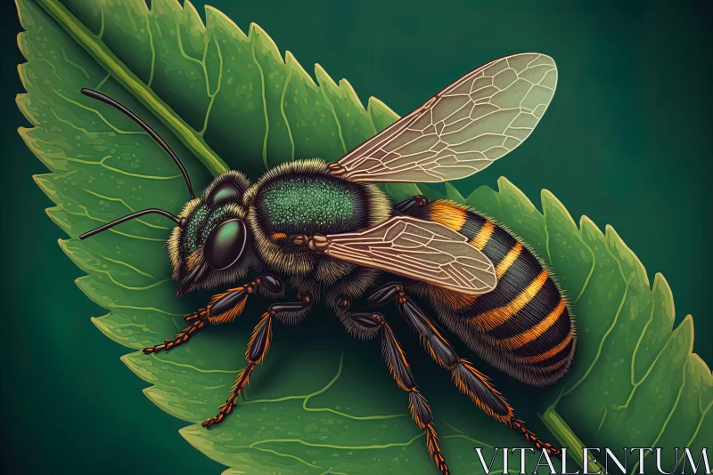 Detailed Illustration of a Bee Resting on a Leaf AI Image