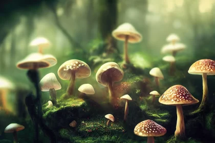 Fantasy Illustrated Mushrooms in a Mossy Forest AI Image