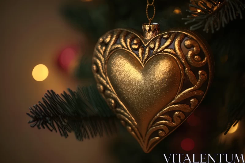Golden Heart-Shaped Ornament on Christmas Tree - Vintage Charm AI Image
