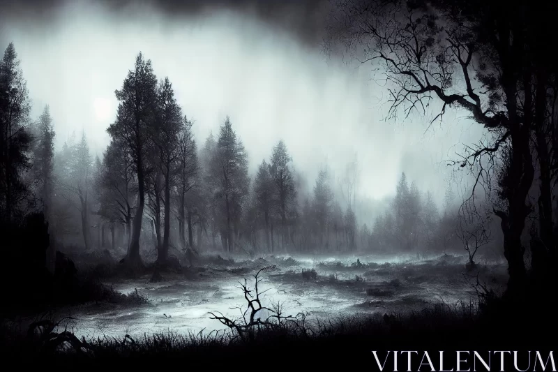 Mysterious Foggy Forest in Black and White AI Image