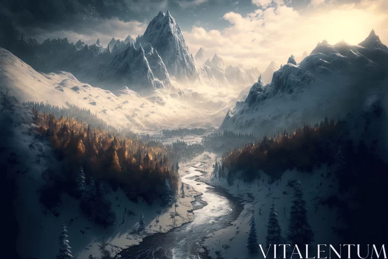 Snow-Covered Mountain Landscape: A Medieval-Inspired, Dreamlike Scene AI Image