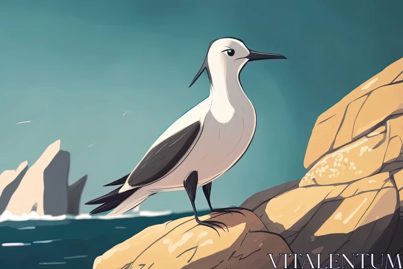 White and Black Bird on Ocean Rock - Painterly Comic Style Art AI Image