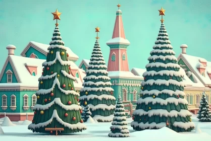 Winter Village Christmas Scene in Cartoon Realism