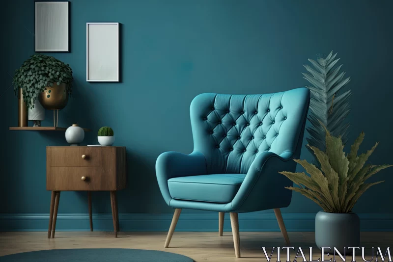Blue Chair in a Retro Styled Room with Plants AI Image