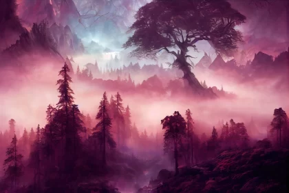 Mystical Purple Forest and Majestic Mountains in Fog