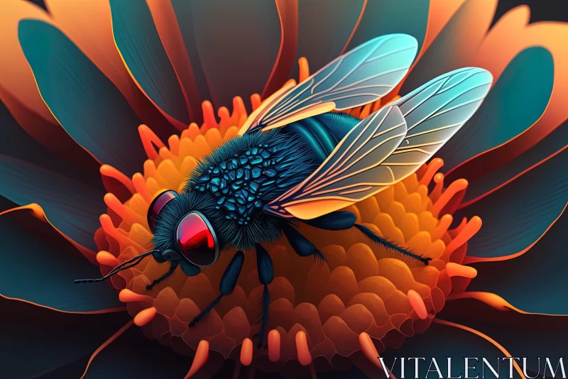 Bee on Flower - A Dark Palette Futuristic Illustration AI Image