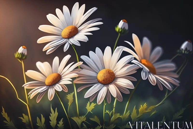 Daisy Flowers and Leaves - A Charming Landscape Painting AI Image