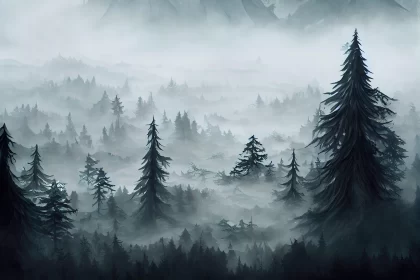 Foggy Forest and Mountain Peaks in Traditional Oil Painting