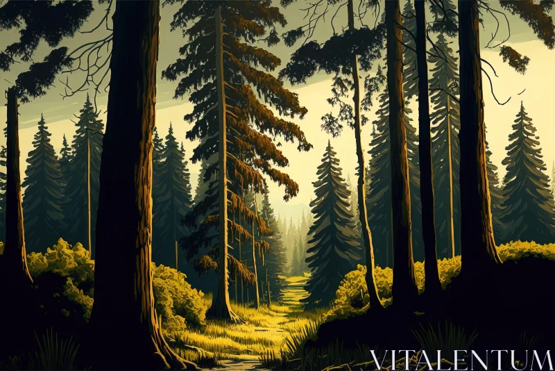 Forest Morning Light: A Detailed Lithographic Illustration AI Image