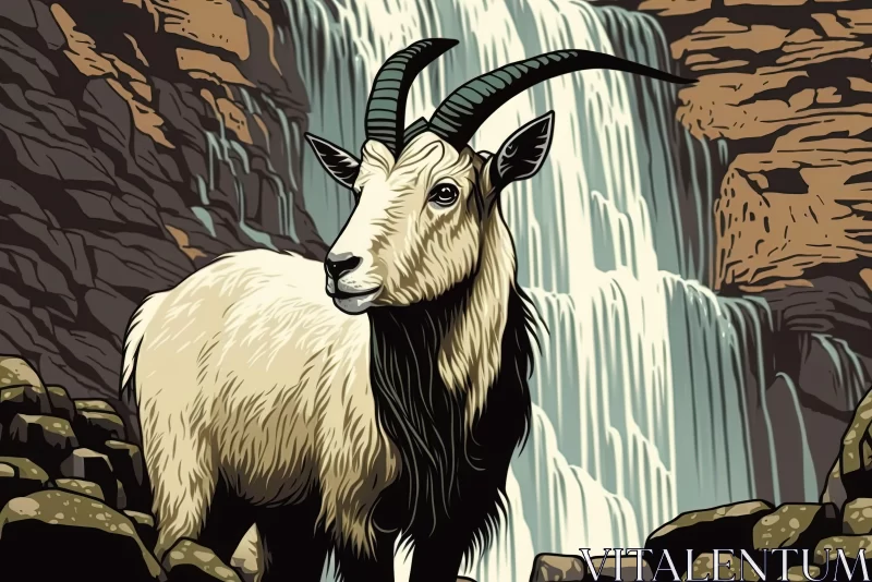 Mountain Goat by Waterfall - Detailed Wildlife Illustration AI Image