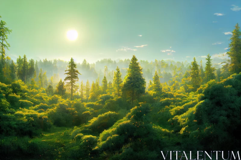 Sunlit Green Forest - A Serene Pastoral Landscape AI Image