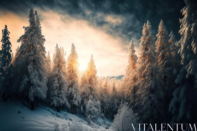 Winter Forest in Snow - A Golden Light Fantasy AI Image