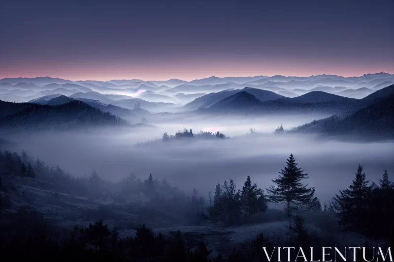 Foggy Morning Mountain Scene - Moonlit Seascapes AI Image