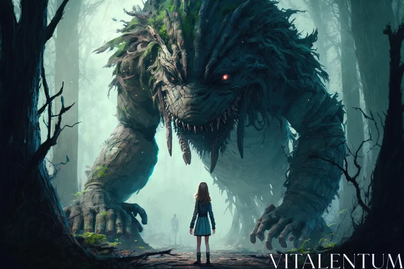 Girl Encountering Monster in Forest - Anime Art AI Image