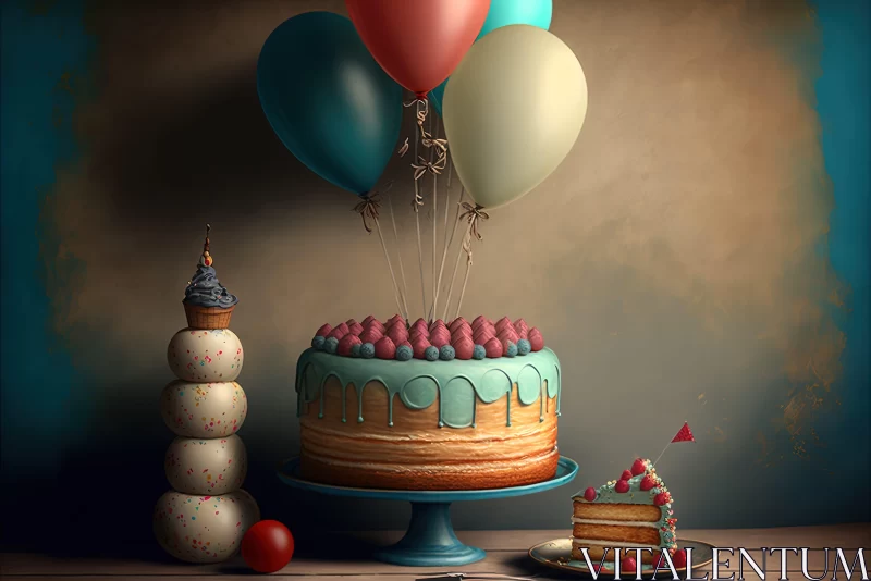 Intriguing Blend of Realism and Surrealism in Cake and Balloon Composition AI Image