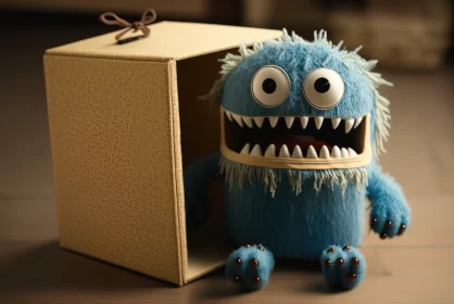 Captivating Blue Monster Toy in a Box - Playful Storybook Art AI Image