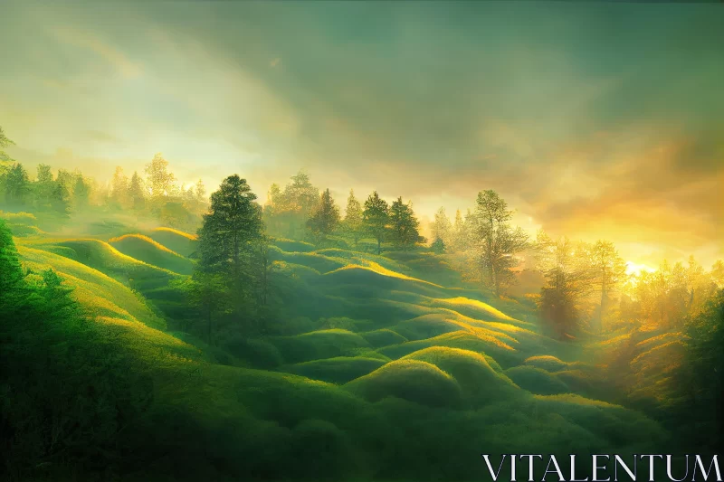 Enchanting Sunset Behind Green Forest: A Serene Pastoral Fantasy AI Image