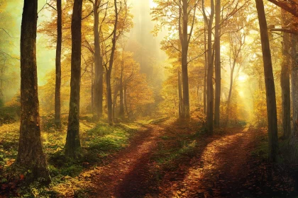 Golden Autumn Forest Path with Sun Rays - Pastoral Charm