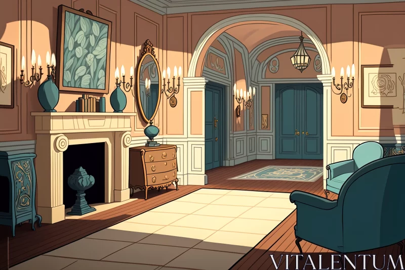 Ornate Blue Room with Cartoon Compositions and Classical Landscapes AI Image
