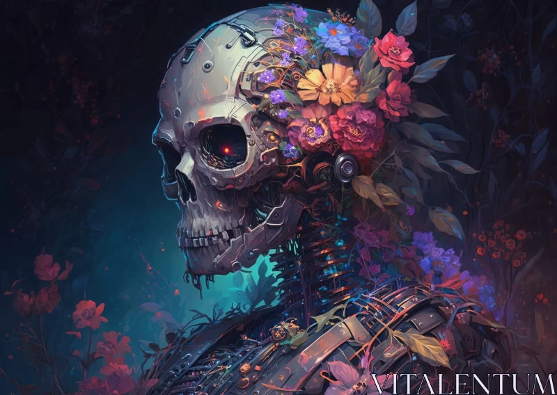 Robotic Skeleton Woman with Floral Crown - A Fusion of Futurism and Fantasy AI Image