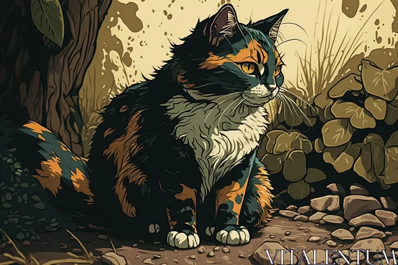 Calico Cat in Wilderness - An Artistic Illustration AI Image