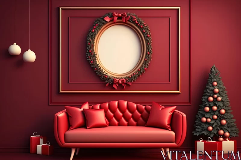 AI ART Elegant Christmas Interior with Red Sofa