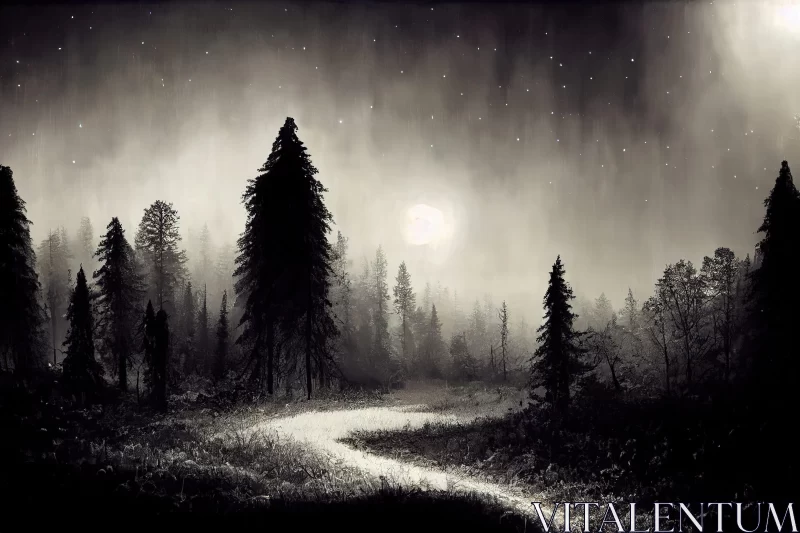 Mystical Moonlit Night Forest in Black and White Realism AI Image