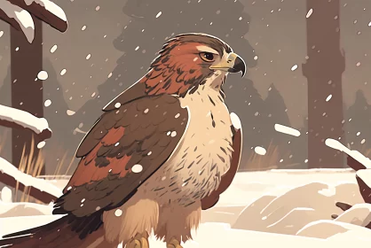 Graphic Novel Inspired Hawk in Snowy Landscape