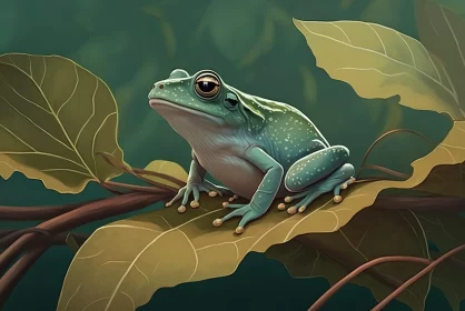 Green Frog on Branch: Children's Book Style Illustration