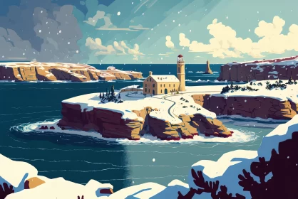 Lighthouse Amidst Snow-Covered Terrain: A Nostalgic Artistic Representation AI Image