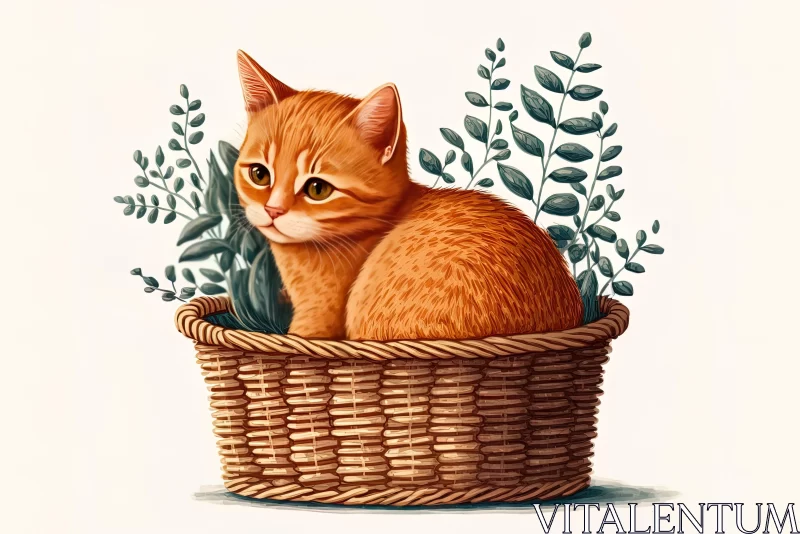 Cute Orange Kitten in Basket with Plants - Mid-Century Illustration AI Image