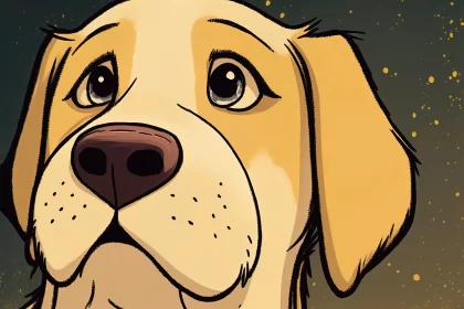 Golden Cartoon Dog Looking Skyward: An Intimate Illustration AI Image