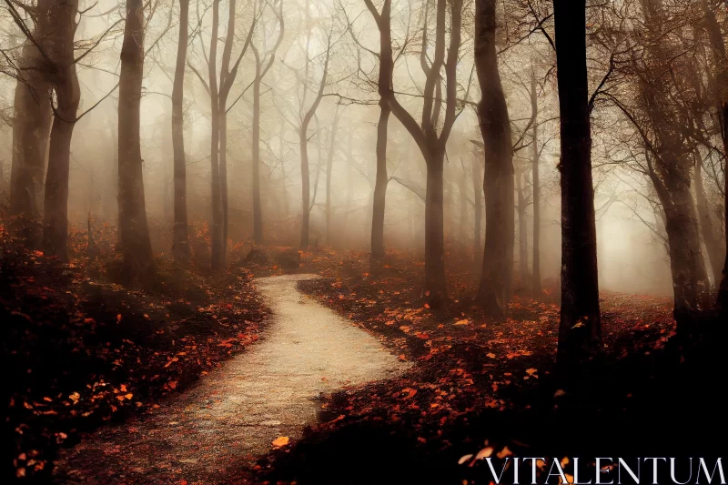 Misty Autumn Forest Pathway: A Bronze and Dark Orange Dreamscape AI Image