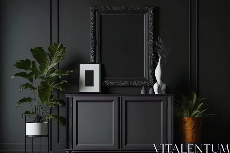 Monochromatic 3D Interior Decor: Black Hallway Cabinet and Plant AI Image