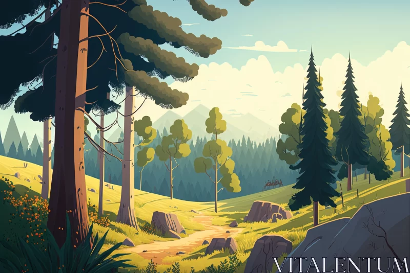 Tranquil Forest Landscape Cartoon Illustration AI Image