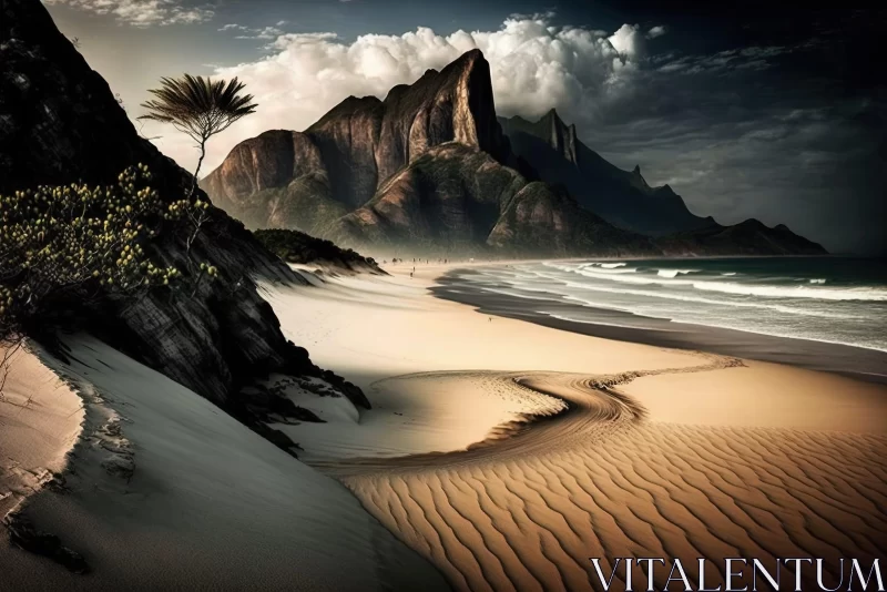 Exotic Fantasy Landscape: Beach with Mountainous Vista AI Image