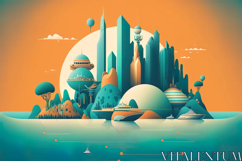 Futuristic City and Ocean Illustration in Art Nouveau Style AI Image