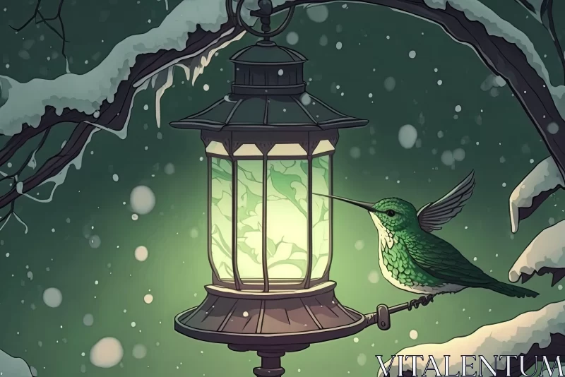 Green Hummingbird and Lantern in Snow - Cartoonish Victorian Art AI Image
