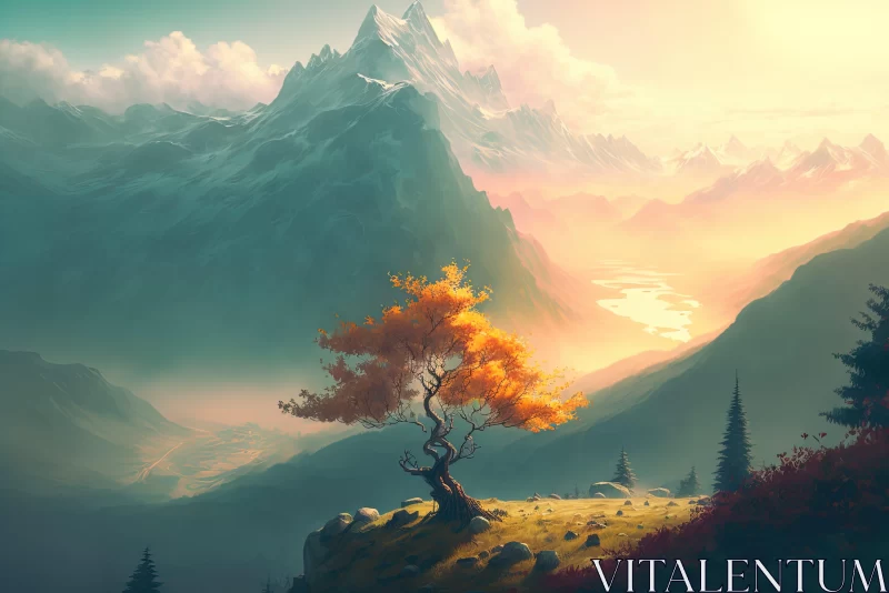 Solitary Tree Atop Mountain: Concept Art Painting AI Image