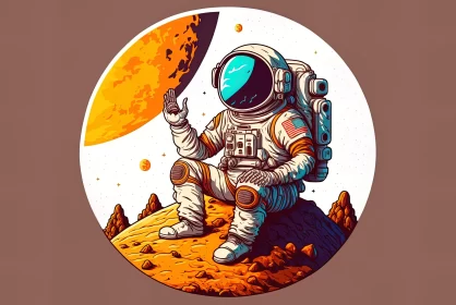 Cartoon Astronaut on Moon with Planet - Genre Painting Style AI Image