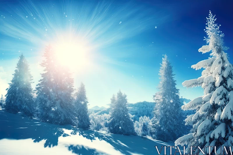Winter Wonderland: Sunlight Peeking Through Snowy Trees AI Image