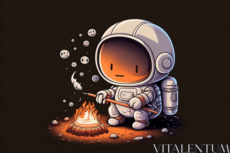 AI ART Cartoon Astronaut by a Campfire in Space - Kawaii and Mono-ha