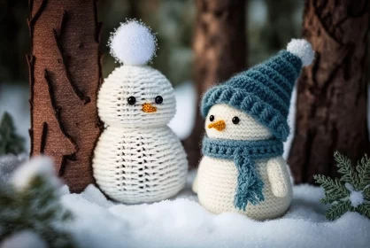 Charming Crocheted Snowmen in a Forest Scene