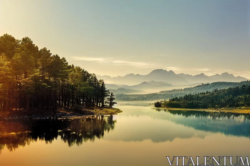 Dreamy Lakeside Landscape with Golden Hues AI Image