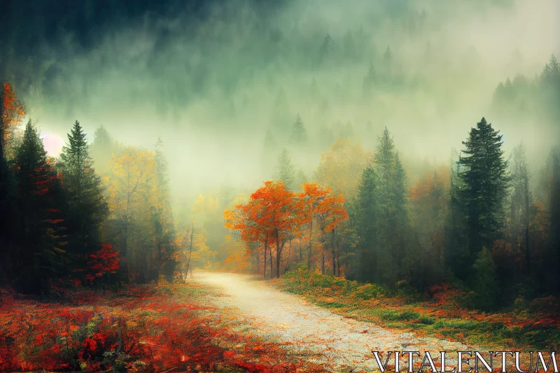 Foggy Forest Road: A Romantic Fantasy Landscape AI Image