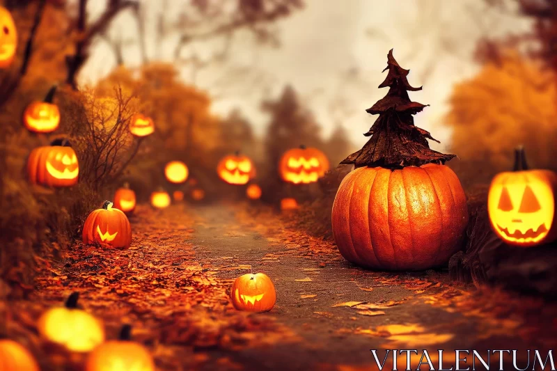 Halloween Pathway: A Journey through Autumn Leaves and Pumpkin Lanterns AI Image