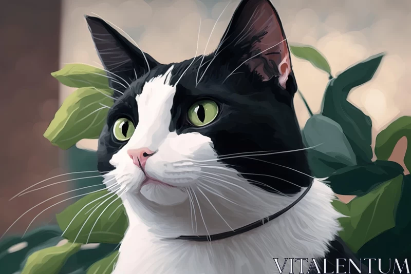 Intricate Digital Art of Black and White Cat with Detailed Foliage AI Image