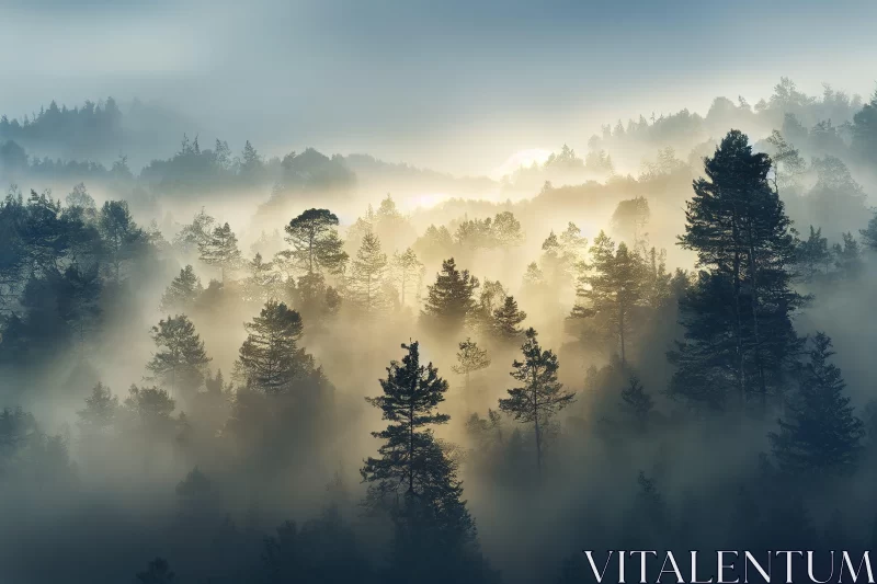 Misty Sunrise Over Pine Forest - Ethereal Morning Landscape AI Image