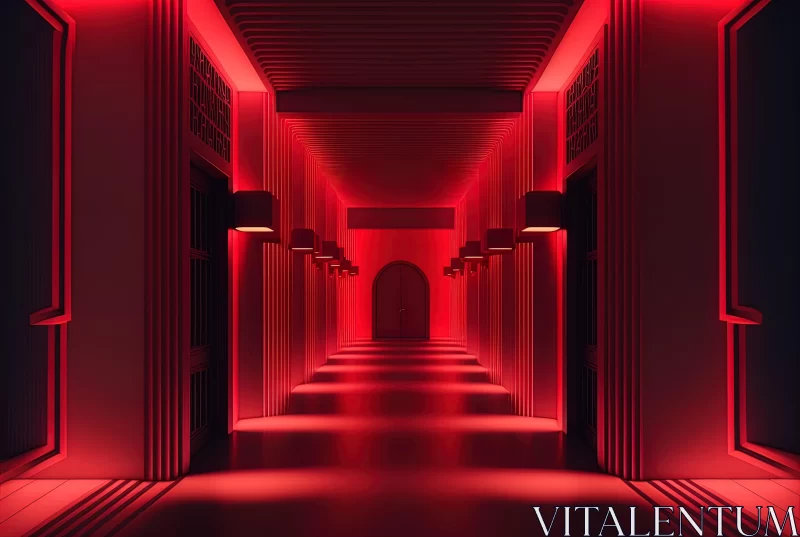 Neoclassical Red-Lit Hallway: A Surrealistic Interpretation AI Image